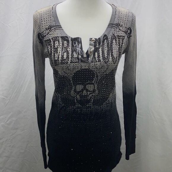 Voice of California Y2K skull blinged out ombre waffle knit shirt top M - Picture 2 of 10